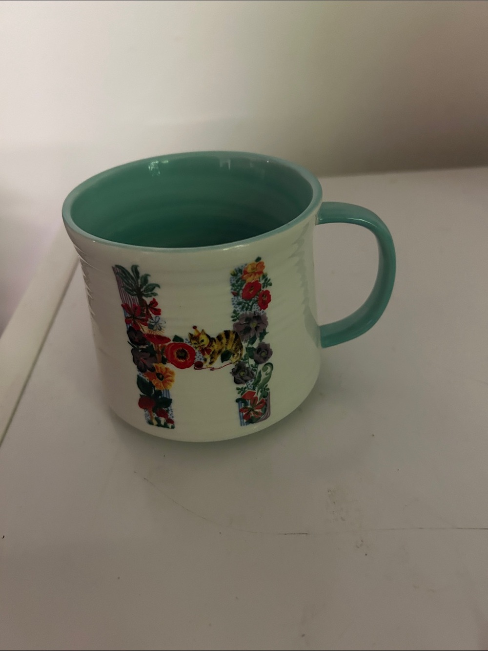 Anthropologie Floral 'H' Ceramic Mug in Aqua Interior and Handle